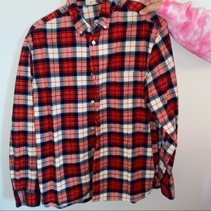men's orange, blue, and white button up flannel.